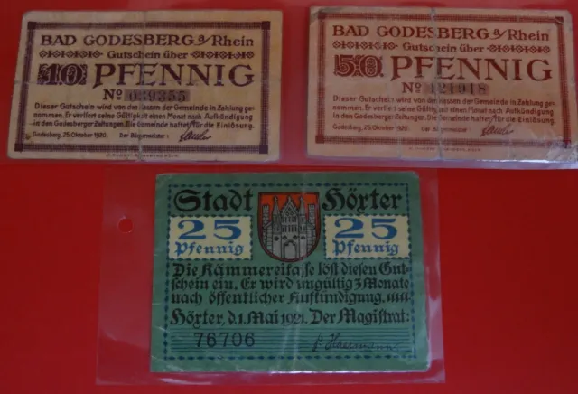 3 x Notgeld 10 + 25 + 50 Pfennig Bad Godesberg + Hörter 1920+1921 laminiert