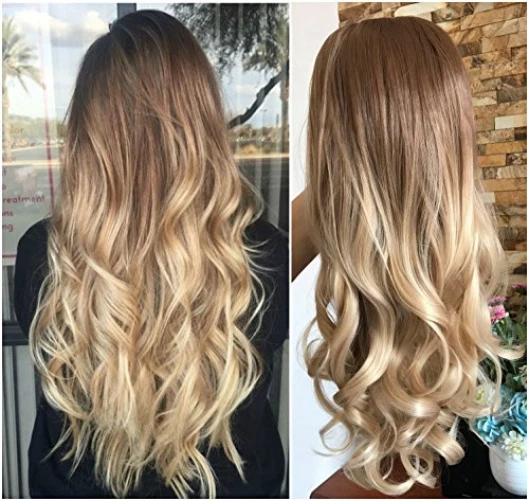 24 Inches Half Head Wig Long OMBRE 3/4 Weave Wavy-light brown to sandy blonde