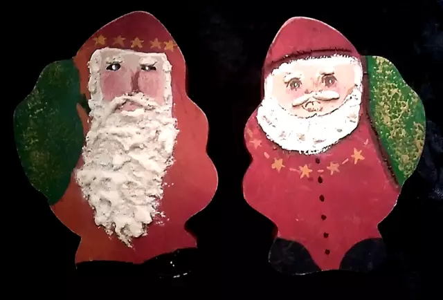 2 Lot Vtg 4" Wood Folk Art SANTA Hand Carved Hand Painted 3-D Thick Stands Sign