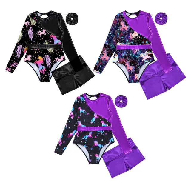 Child Girls Tracksuit Kids Dance Set Workout Outfit Printed Patchwork Dancewear