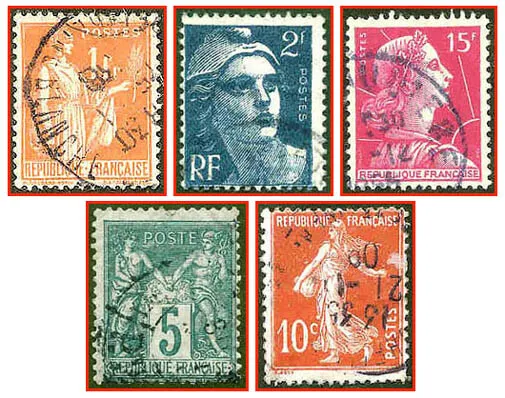 Frankreich (053) - fünf gestempelte Briefmarken verschiedene Werte