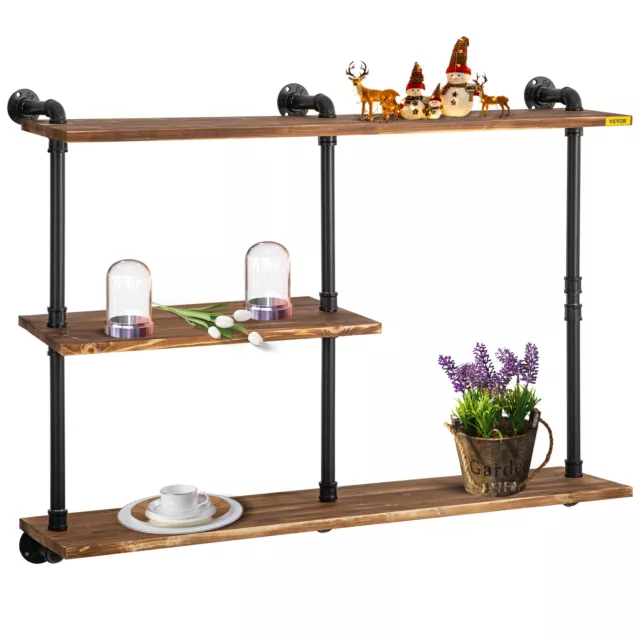VEVOR Pipe Shelves Industrial Iron Pipe Wall Mounted w/ 3-Tier Wood Planks Brown