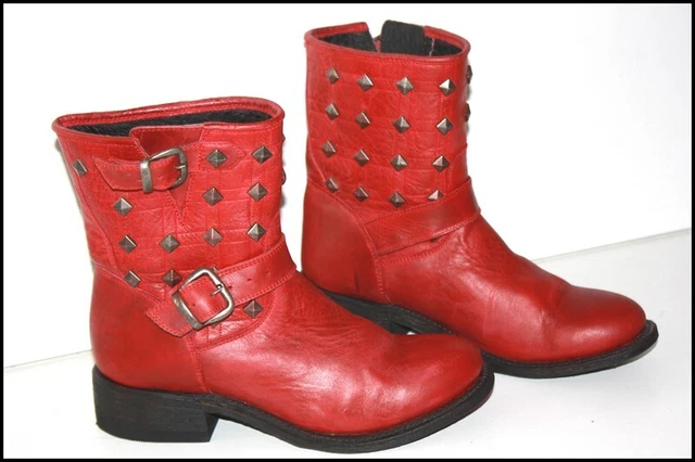 PERFECTO By SCHOTT Bottines Boots Cuir Clouté Rouge T 37.5 TBE