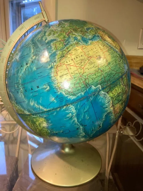 Vintage USA 1960s Rand McNally 12" World Portrait Globe Raised dark blue compass