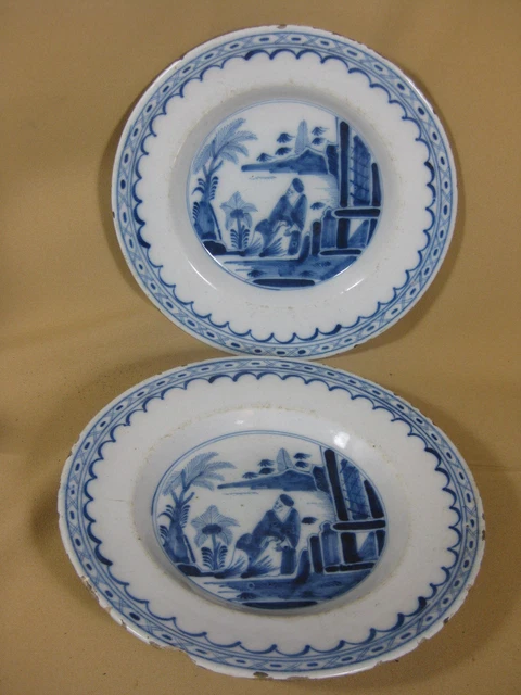 Pair 18th C. Dutch Delft Plates With Chinese Decoration