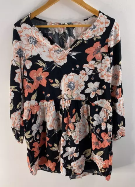 Roxy Blouse Womens Size 6 Black Orange Floral V-Neck 3/4 Sleeve Flowy Comfy Top