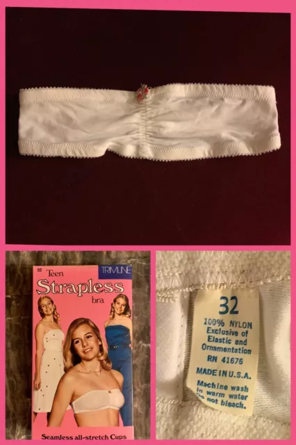 Vintage Bra Strapless Seamless White Nylon Boning Stretch 1970s NEW Teen Sz 32