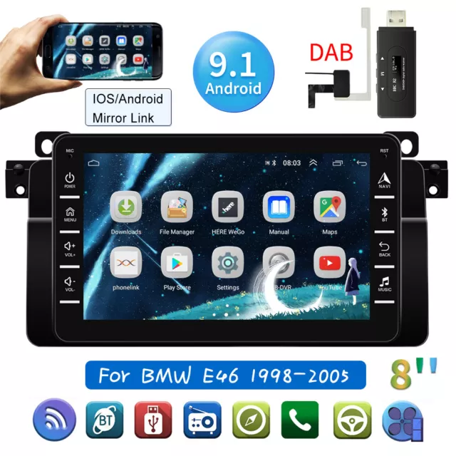 DAB+ Autoradio 8'' Android 9.1 GPS Navi WIFI Bluetooth Für BMW E46 3er 318i 320d