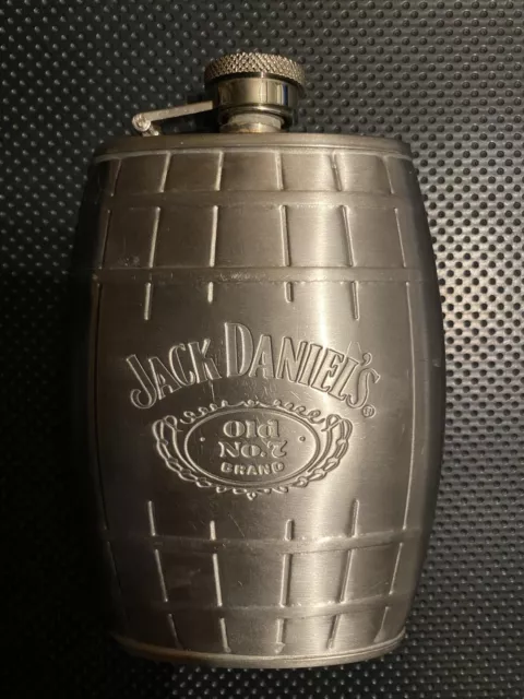 Jack Daniels Old No 7 Stainless Steel 6 oz Barrel Shaped Hip Flask, 2007 HTF
