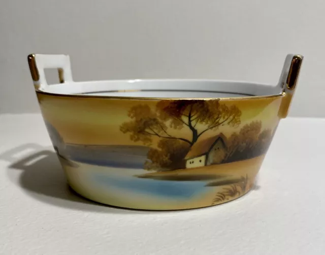 VTG Noritake Bowl Hand Painted House Lake  Gold Trim Square Handles Red M Japan