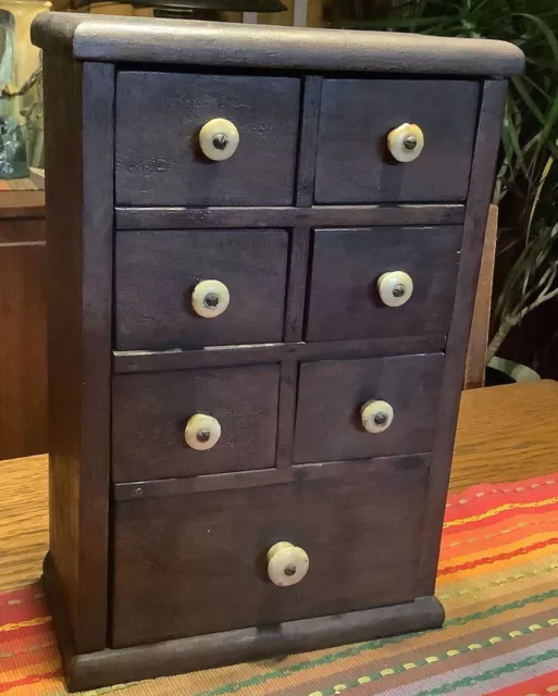 Antique Primitive Wooden Spice Cabinet Standing / Hanging Shelf Bin Box 7 Drawer