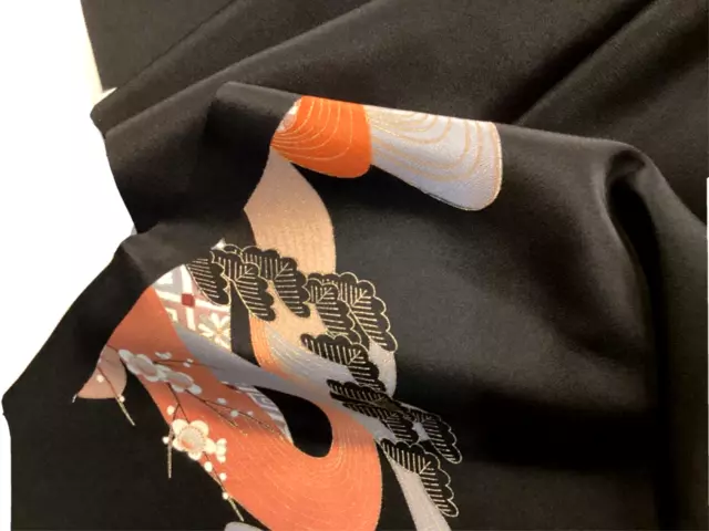 Vintage Japanese Kimono Silk Fabric, Black Kiku Tomesode Long Panel,166cm