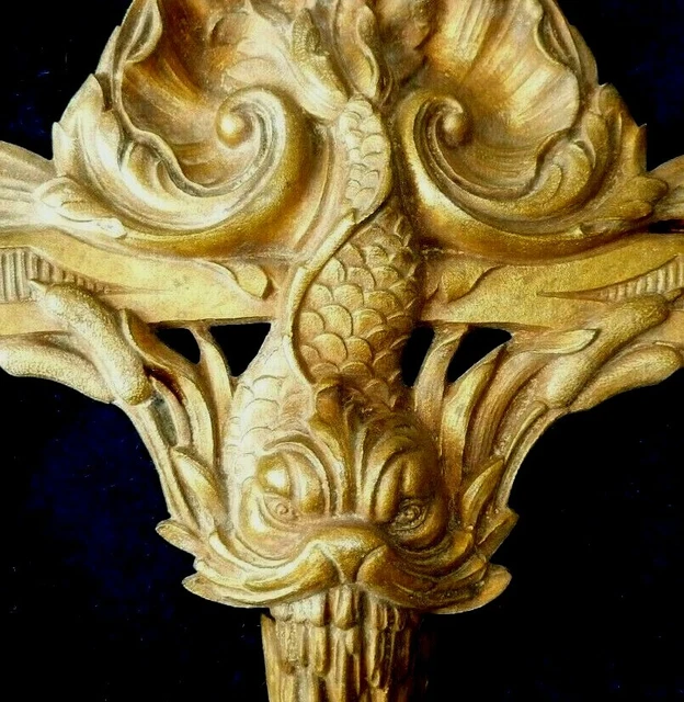 FRENCH BRONZE/BRASS DECOR MOUNT PEDIMENT CATFISH in a SHELL 28 x 24cm