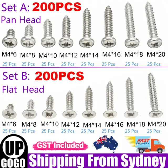 200pcs M4 304 Stainless Steel Pan Flat Head Self-Tapping Screws Assorted Kit AU