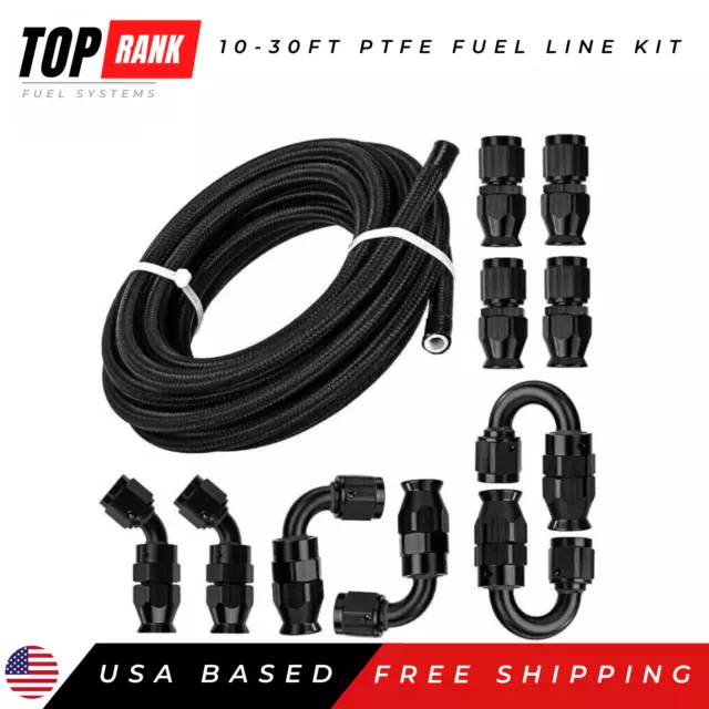 6AN 8AN 10AN Black Nylon E85 PTFE Fuel Line 10-20FT w/6 or 10 Fittings Hose Kit.