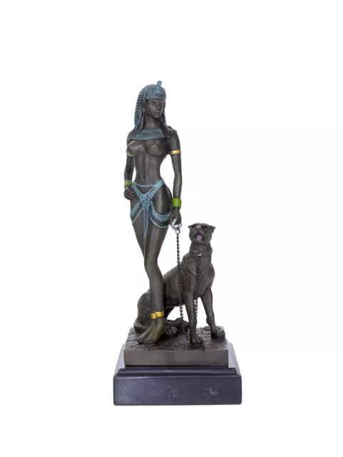 Bronze Figur Skulptur Cleopatra mit Panther auf Marmorsockel H: 27 cm (9417)