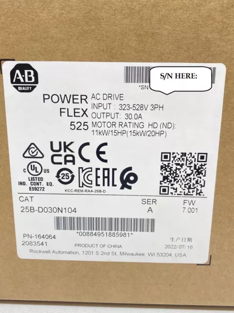 NEW Allen-Bradley 25B-D030N104 Power Flex 525 15kW 20Hp AC Drive 25BD030N104