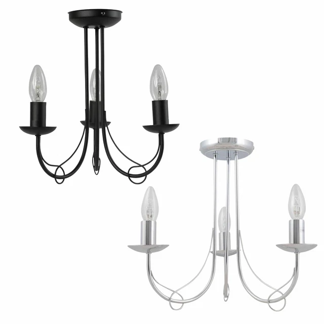 Classic Chrome or Black 3 Arm Ceiling Light Chandelier Bedroom Lounge