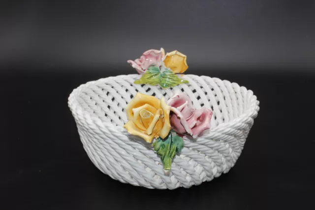 Vintage Campodimonte Porcelain Woven Rope Basket with Roses Made in Italy