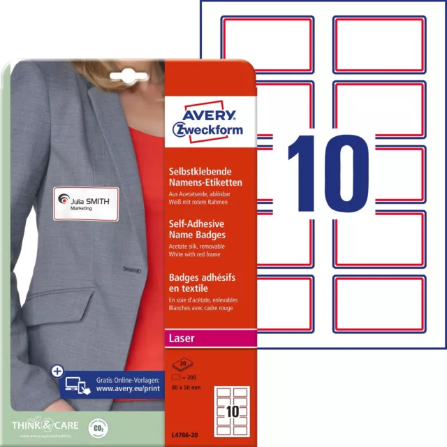 Avery Name Badge Labels Laser Self-adhesive 80x50mm Red Border Ref L4786-20  (L4