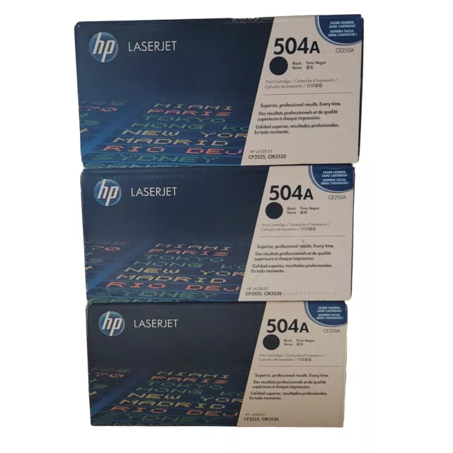 3 Genuine HP Laserjet 504A Black Print Toner Cartridges CE250A Sealed