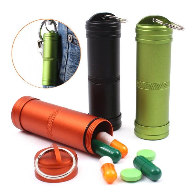 Large Waterproof Aluminum Pill Box Case Bottle Holder Keyring Outdoor V0S1