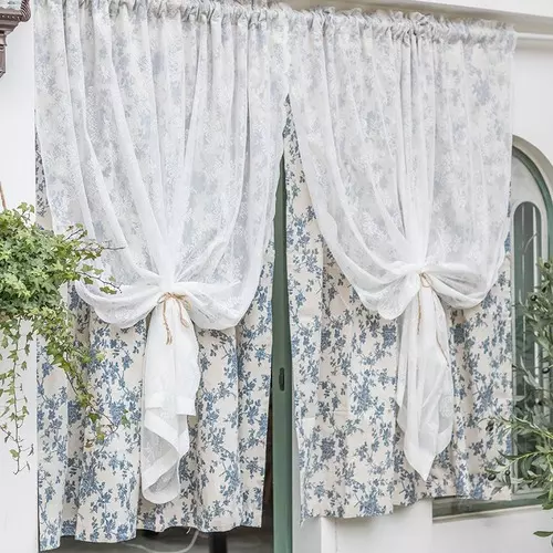 Half-shading Lace Blue Flower Cotton linen Coffee  Tie Curtains Free Perforation