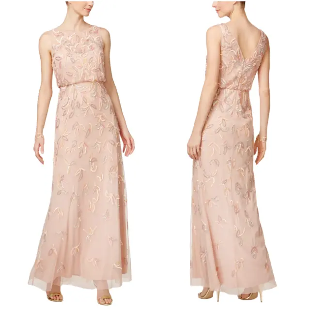 Adrianna Papell Embellished Mesh Blouson Gown beaded size 14 P petite blush pink