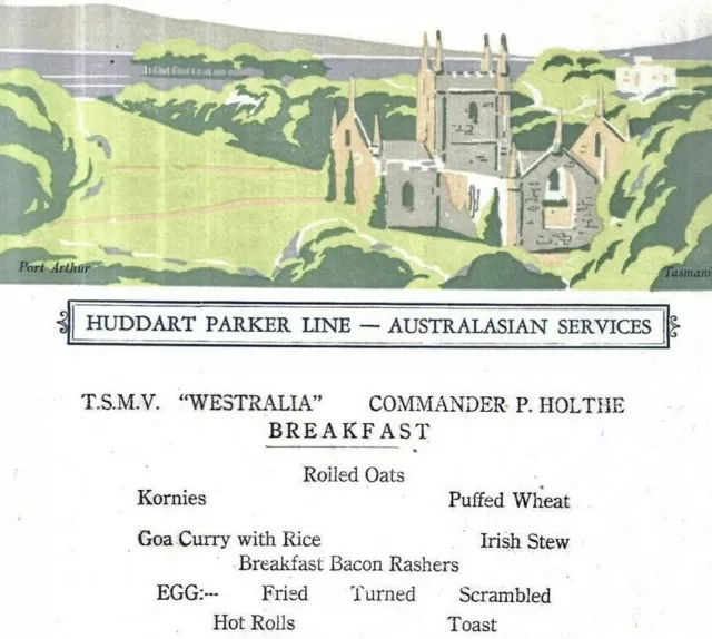 TSMV Westralia Menu Huddart Parker Line Commander Holthe Port Arthur Ship 1949
