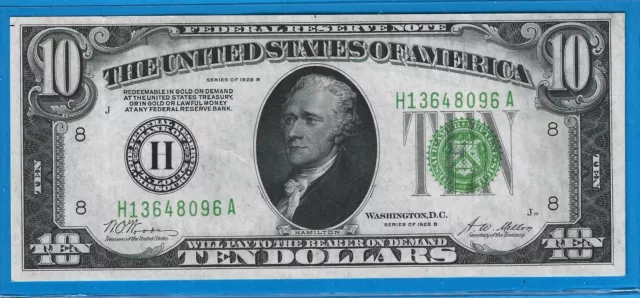 1928 B $10 FRN H-St Louis,Gold Redemption,Lime-Light Green Seal,CH Crisp XF,Nice