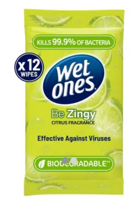 12x Wet Ones Be Zingy biologisch abbaubare antibakterielle Tücher, 12er-Pack (144 Tücher)