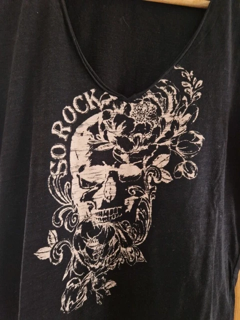 Tunique IKKS 100% Lin Bleu – Imprimé Rock Tête De Mort – Taille S – Occasion Très Bon état