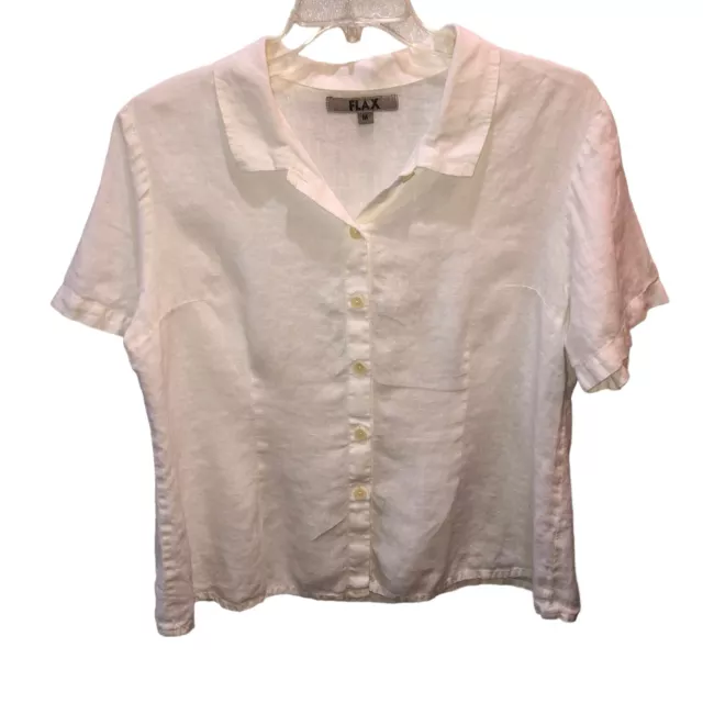 Flax Womens Medium White Linen Short Sleeve Button Up Collar Shirt Top Size M