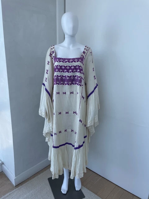 Daisy Jones Bohemian Gauze Purple and Cream Caftan with Flared Sleeves and Lace