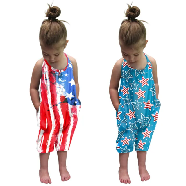 ❤️Toddler Kids Baby Girls Printed Independence Day Romper Jumpsuit Playsuit