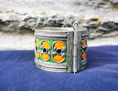 Bracelet berbère Kabyle argent email orange bleu vert ancien