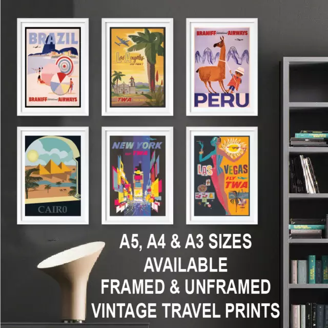 VINTAGE TRAVEL POSTERS PRINTS A3 A4 A5 Size Retro Framed Home Wall Art Decor