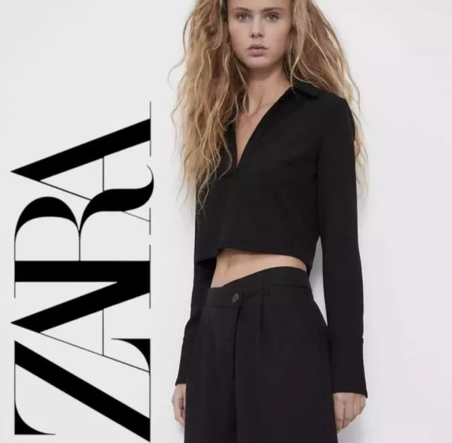 Zara Crop Top Collared Black Polo Long Sleeve Shirt Size Xs