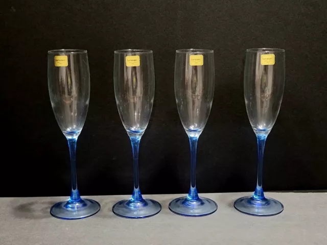 Lot of 4 New Luminarc France Light Blue Stem Champagne Wine Glass Flutes Labeled