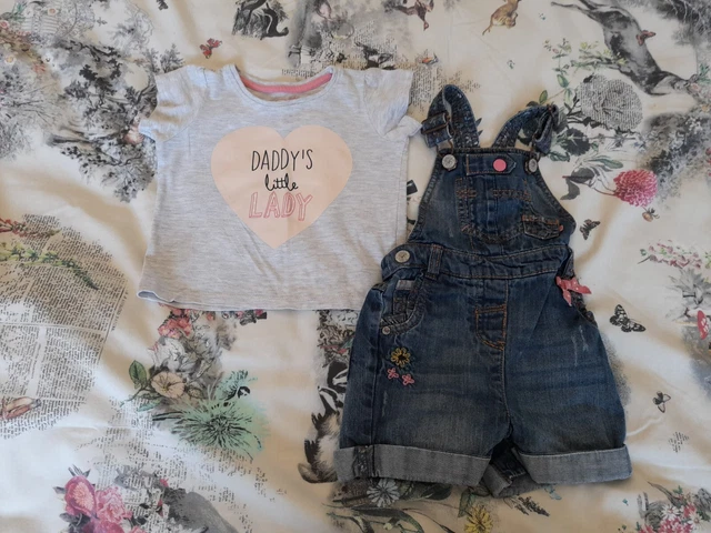Baby Girls Denim Shorts Dungarees + Grey Heart T-shirt 12-18 Months