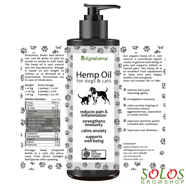 HEMP OIL FOR DOGS AUSTRALIAN CERTIFIED ORGANIC FAST PAIN RELIEF 250ml,500ml,5l