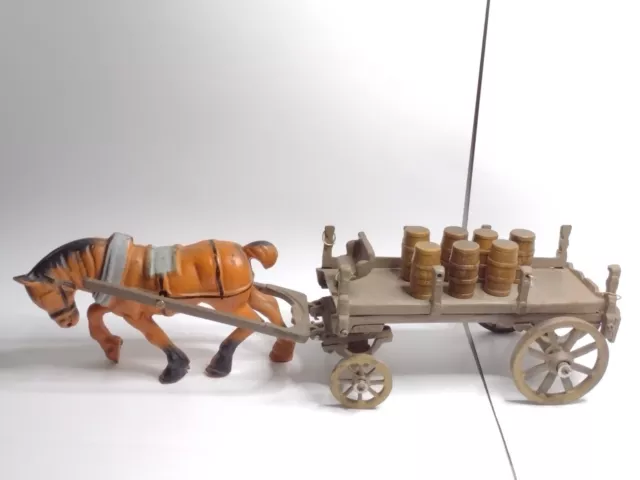 Cast Iron Horse Pulling A Cart Trailer & Wood Barrels