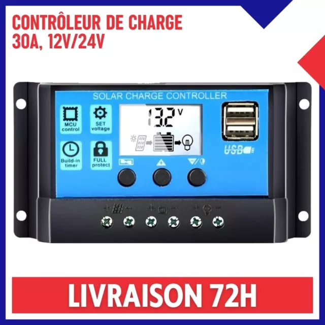 Contrôleur Régulateur de Charge 30A 12V 24V Batterie Panneau Solaire 2 Ports USB