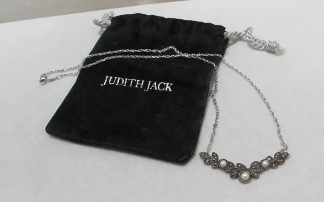 JUDITH JACK Sterling Silver Pearl Marcasite Necklace 16.5” EUC w Pouch