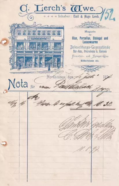 NORDHAUSEN 1897 C. Lerchs Wwe. Alte Rechnung Litho, Glas, Porzellan, Beleuchtung