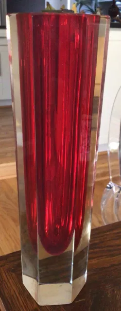VTG 70’s Italian MURANO Faceted Sommerso Art Glass VASE Red MCM modern design