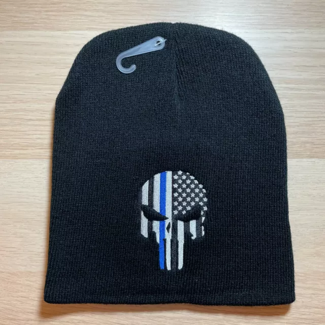 Skull American Flag Thin Blue Line Skull Winter Beanie Black Warm Hat