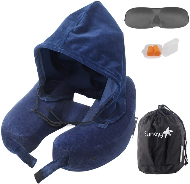 Inflatable Travel Head Neck Chin Pillow Hood Airplane Support Drawstring
