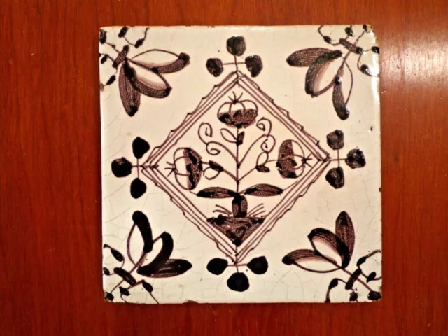 Nice Dutch Delft Purple TILE, Flowers, 17th - 18th Century, 5 x 5 inches