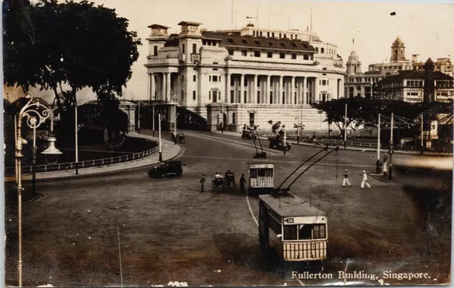 Fullerton Building Singapore Trolley Trams Unused Real Photo Postcard G66 *as is